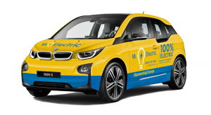 Electric car BMW i3 in a Mr. Electric vehicle wrap